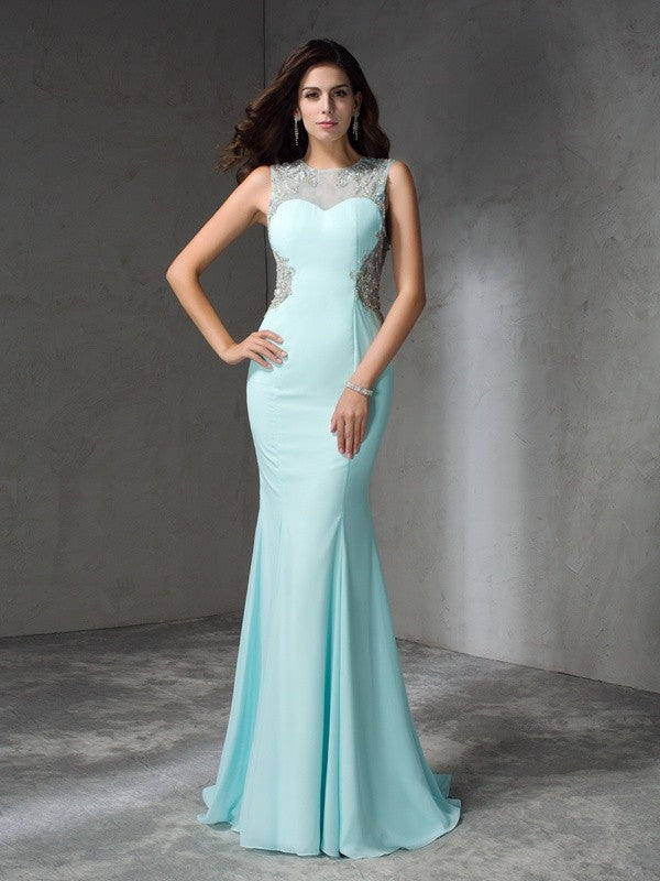 Mermaid Jewelry Beaded Sleeveless Long Chiffon Party Dress
