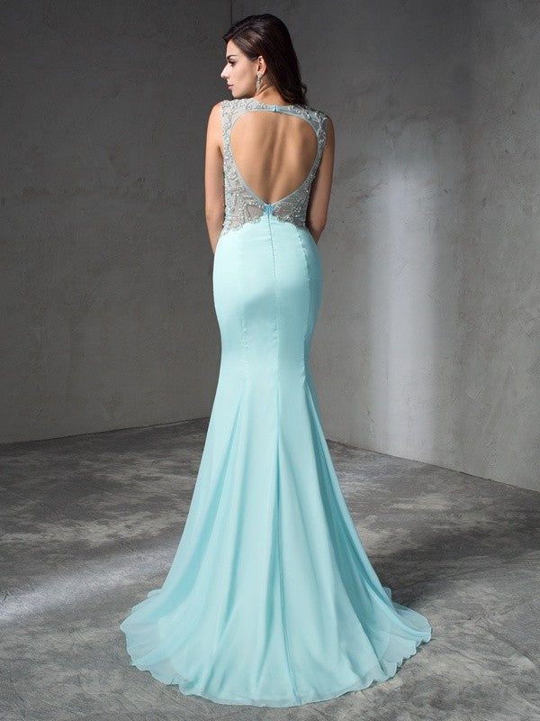 Mermaid Jewelry Beaded Sleeveless Long Chiffon Party Dress