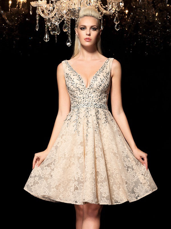 A-line Princess V-neck Beaded Sleeveless Short Lace Cocktail Party Dress