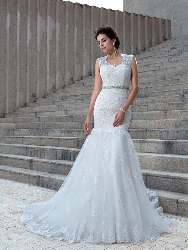 Loudspeaker slim fit mermaid V-neck sticker sleeveless lace wedding dress