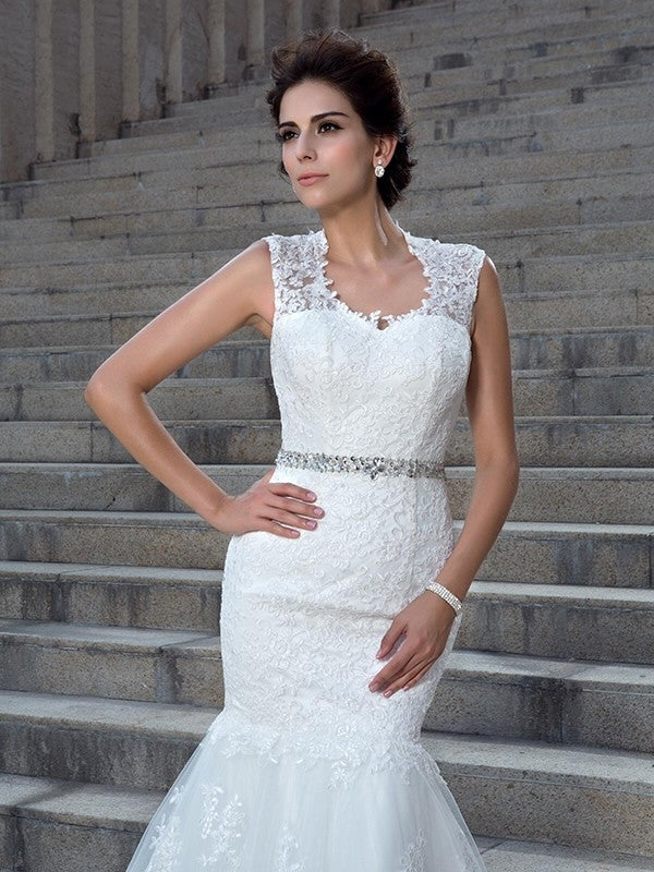 Loudspeaker slim fit mermaid V-neck sticker sleeveless lace wedding dress