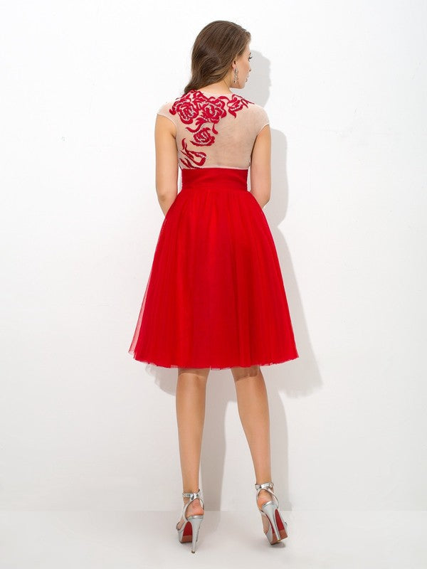 A-line Skirt Sweet Princess Naked Collar Applique Sleeveless Short Mesh Cocktail Dress
