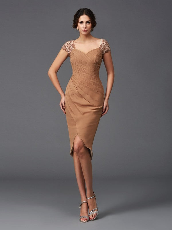 High end color dress stand up collar sweetheart decal short sleeved high and low chiffon cocktail dress