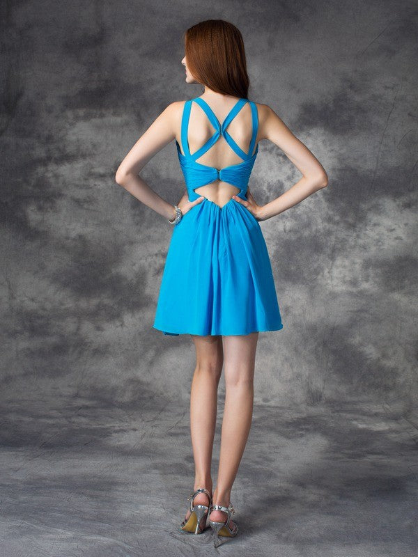 A-line Sweet Princess V-neck Ruffle Edge Sleeveless Short Silk Imitation Satin Dress