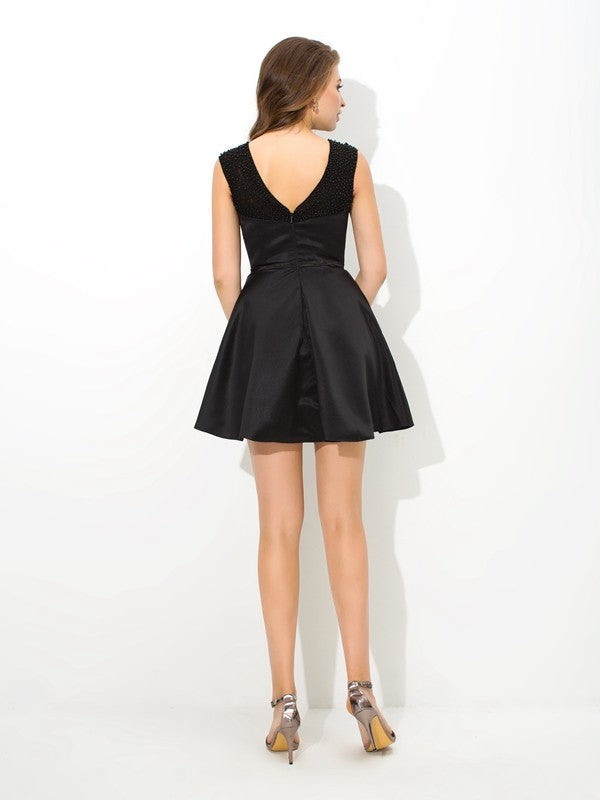 Princess Knee Length Black High Neck Belt Bow Sleeveless Short Satin Dress Dress