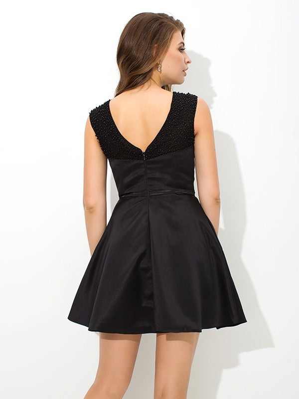 A-line Princess High Neck Belt Sleeveless Satin Short Cocktail Dress