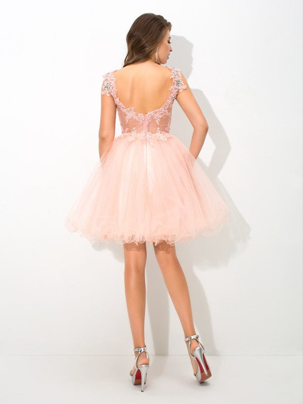 A-line Princess Neck Transparent Beaded Sleeveless Short Elastic Woven Satin Cocktail Party Dress