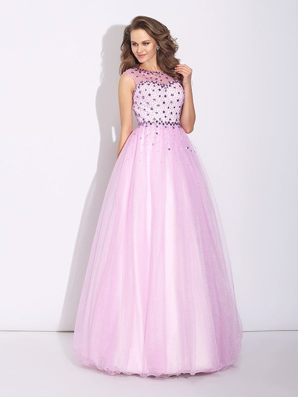 A-line Elegant Princess Gemstone Water Diamond Sleeveless Long sleeved Dress