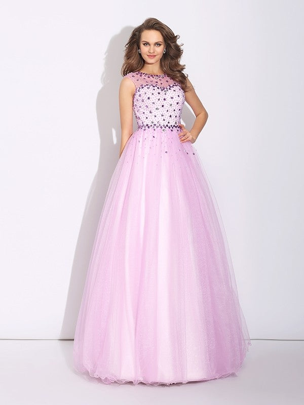 A-line Elegant Princess Gemstone Water Diamond Sleeveless Long sleeved Dress