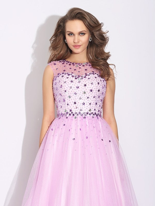 A-line Elegant Princess Gemstone Water Diamond Sleeveless Long sleeved Dress