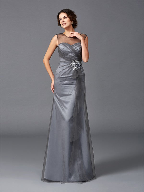 SlSlim fit pillar spoon bead decoration sleeveless long mesh bridal mother dress