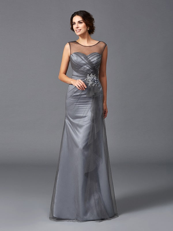 SlSlim fit pillar spoon bead decoration sleeveless long mesh bridal mother dress