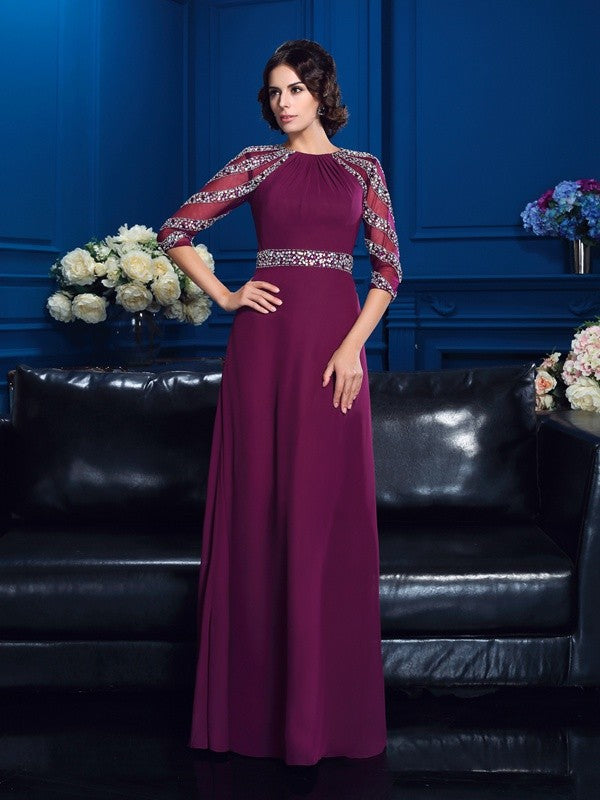 Princess style curved bead embellishmen sleeve length chiffon bridal mother dress