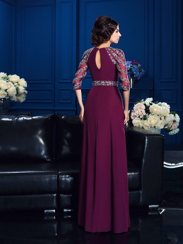 Princess style curved bead embellishmen sleeve length chiffon bridal mother dress