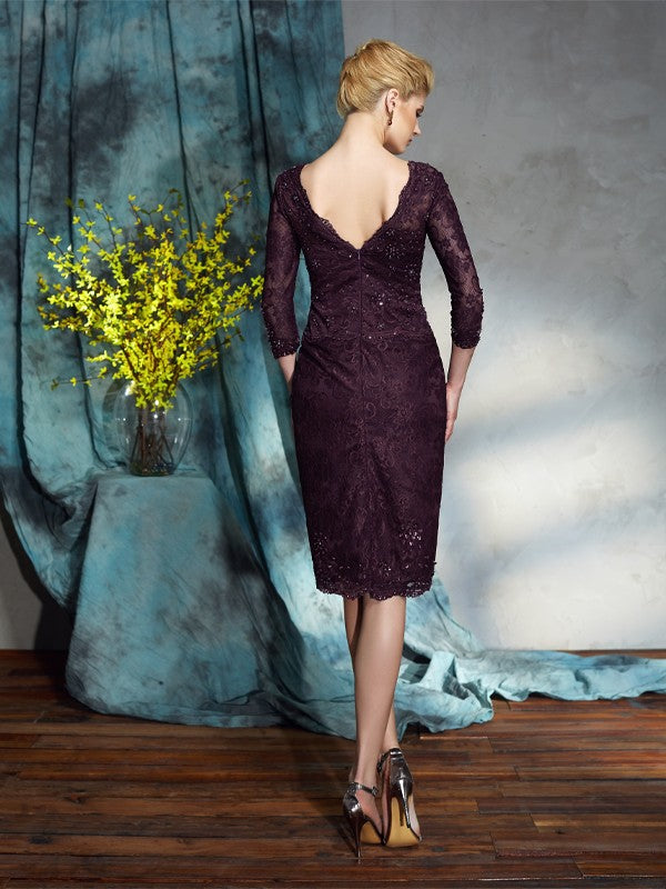 Slim fit column boat shaped lace 3/4 sleeve short lace bridal mother dress