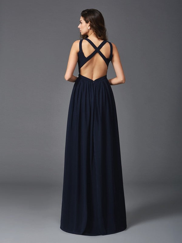 A-line elegant princess strap sleeveless long chiffon dress