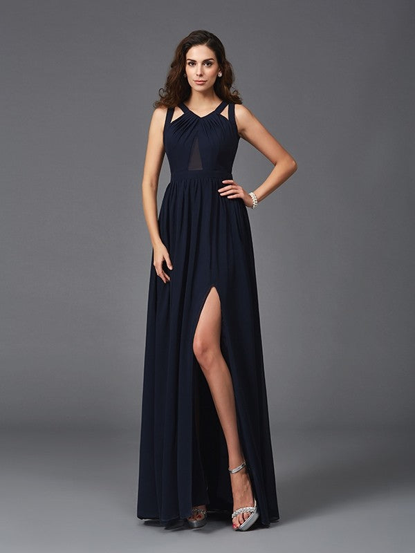 A-line elegant princess strap sleeveless long chiffon dress