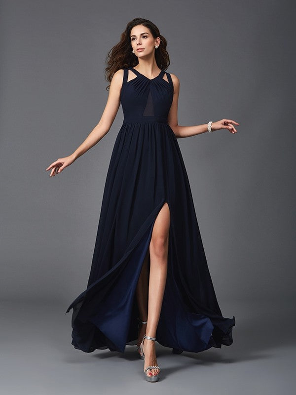 A-line elegant princess strap sleeveless long chiffon dress