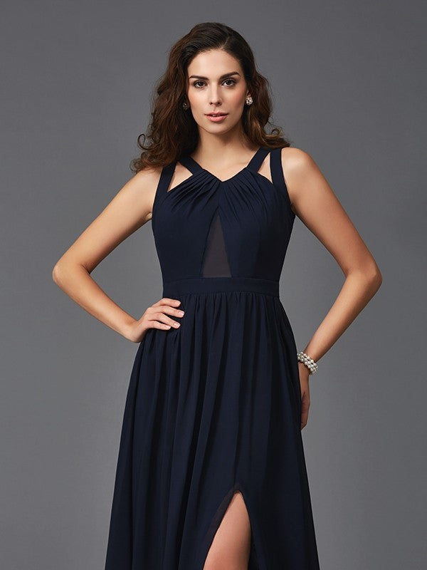 A-line elegant princess strap sleeveless long chiffon dress