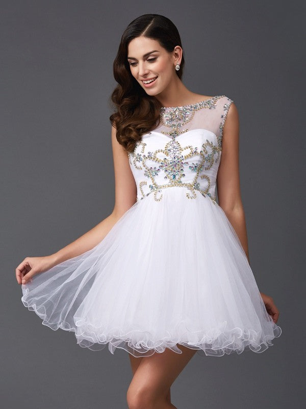 A-line Princess Hollow Beaded Sleeveless Short Net Party Dress