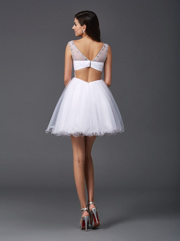 A-line Princess Hollow Beaded Sleeveless Short Net Party Dress