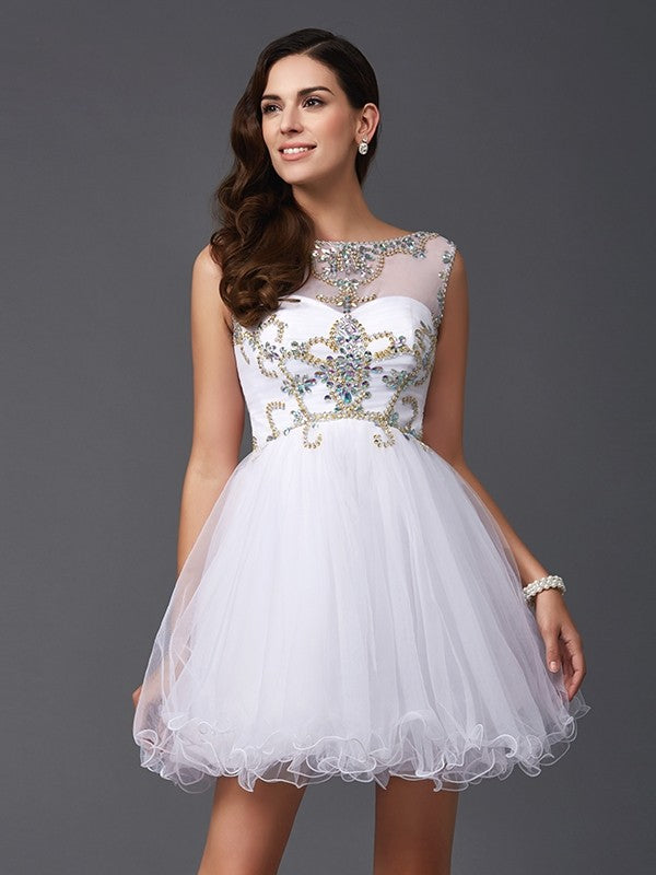 A-line Princess Hollow Beaded Sleeveless Short Net Party Dress