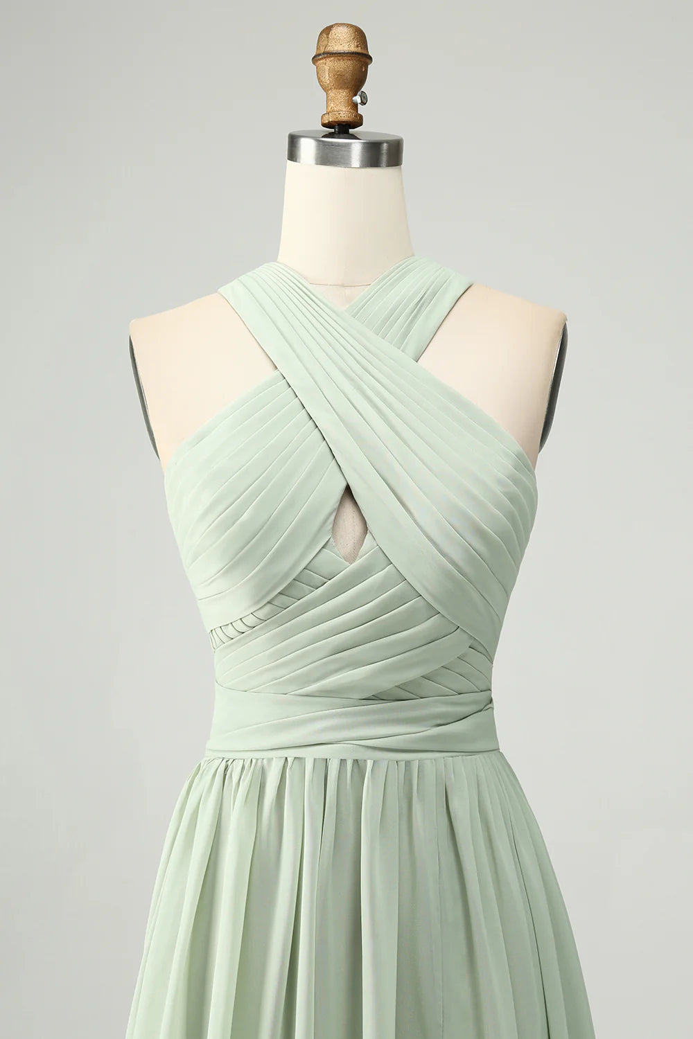 A Line Halter Pleated Long Maternity Bridesmaid Dress with Slit