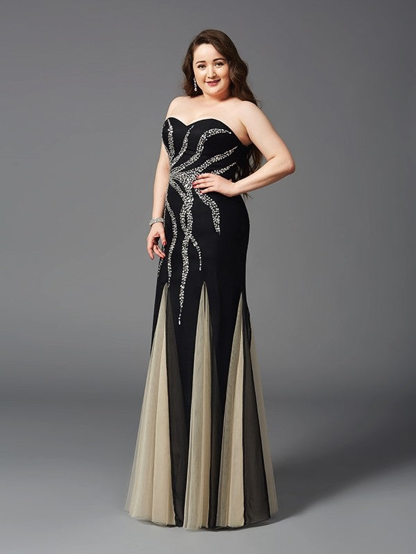 Elegant Column Sweetheart Beaded Sleeveless Long Chiffon Plus Size Dress