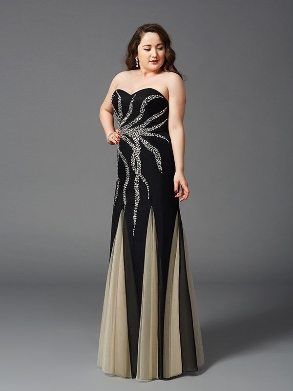 Elegant Column Sweetheart Beaded Sleeveless Long Chiffon Plus Size Dress