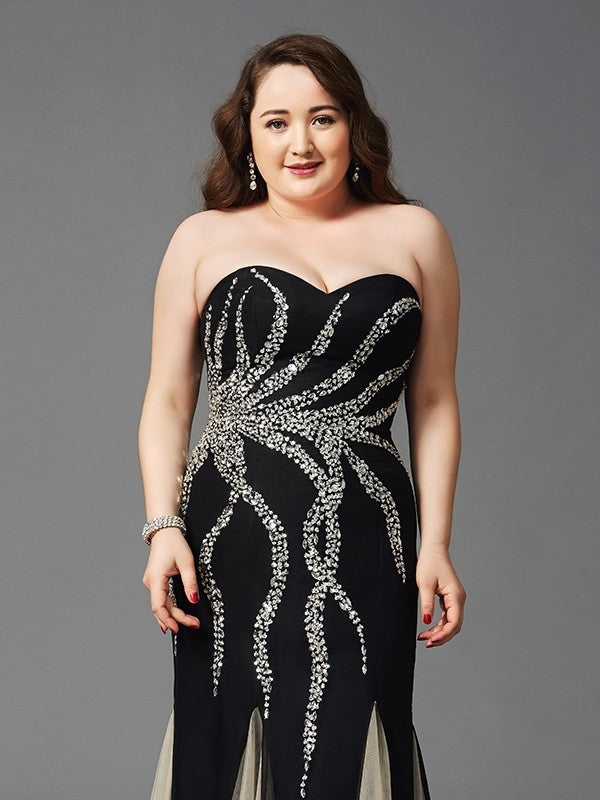 Elegant Column Sweetheart Beaded Sleeveless Long Chiffon Plus Size Dress