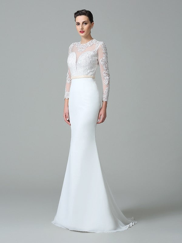 Trumpet mermaid gemstone lace long sleeved chiffon low luxury wedding dress