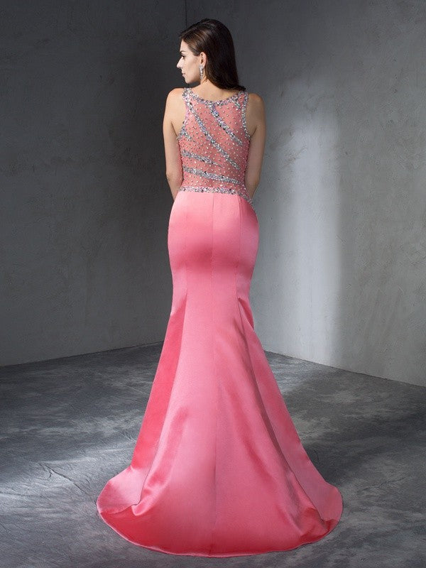 Slim fit mermaid slim fit beaded sleeveless long satin party ball dress