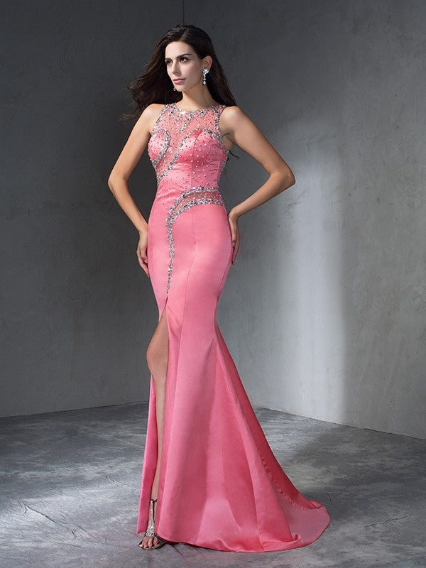 Slim fit mermaid slim fit beaded sleeveless long satin party ball dress