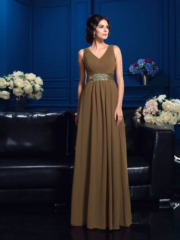 A-line princess style V-neck pleated hem sleeveless long chiffon bridal mother dress