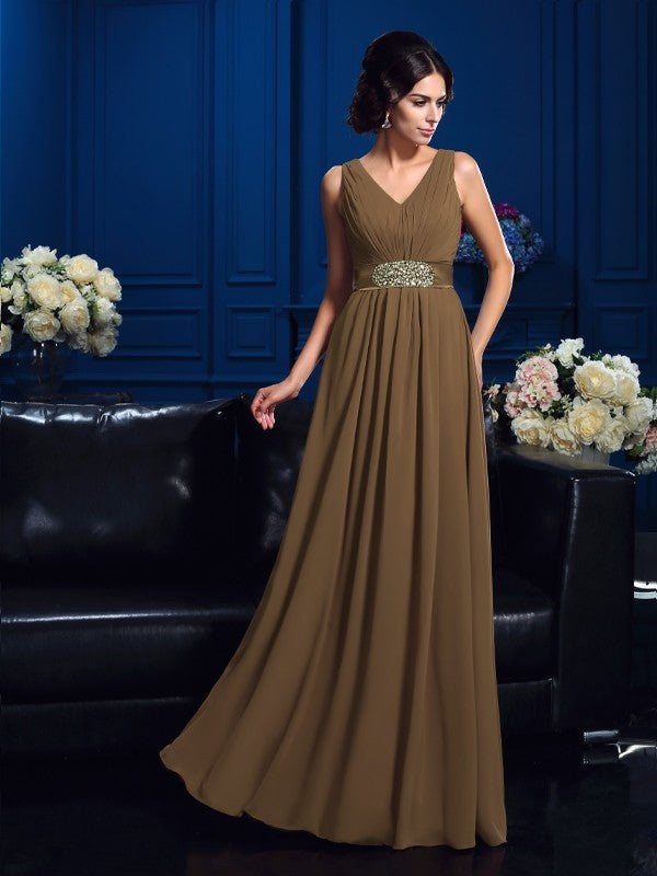 A-line princess style V-neck pleated hem sleeveless long chiffon bridal mother dress