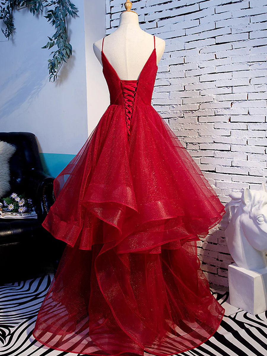 A-line Red Ruffle Edge Italian Noodle Strap V-neck Ball Dress Backless Long Style