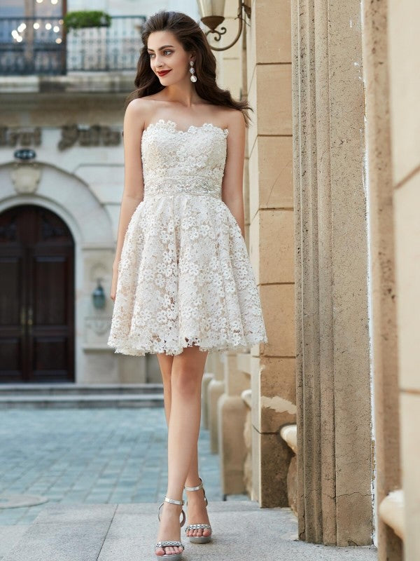 A-line Princess Heart Sleeveless Water Diamond Short Mini Lace Party Dress