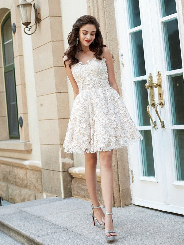 A-line Princess Heart Sleeveless Water Diamond Short Mini Lace Party Dress