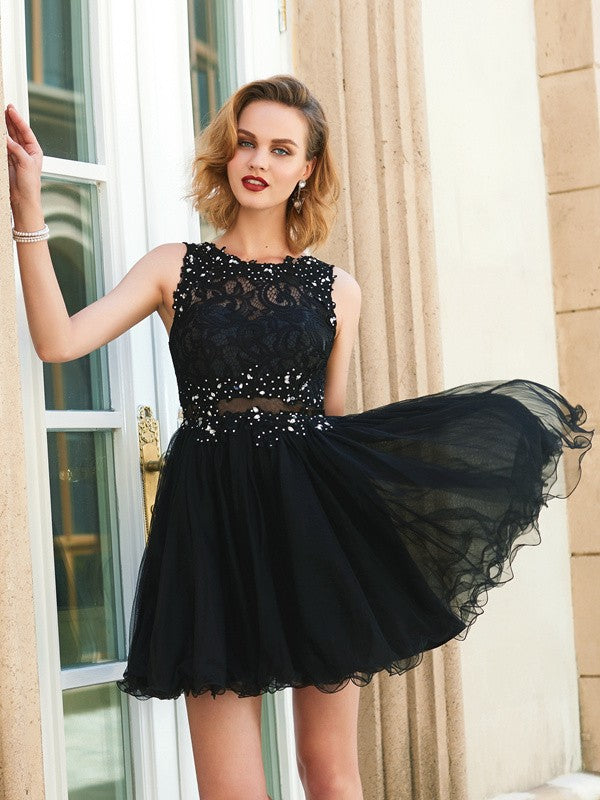 A-line Princess Jewelry Sleeveless Lace Mesh Short Skirt Mini Dress Formal Clothing