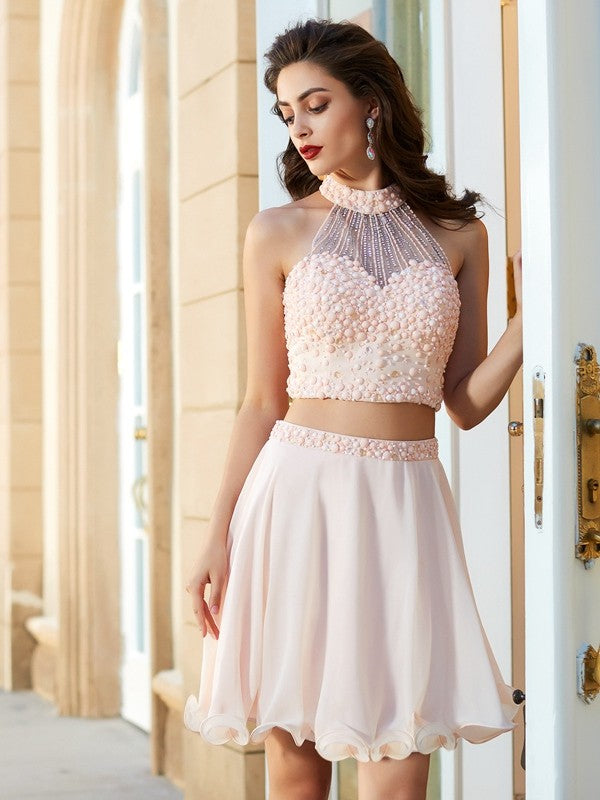 A-line Princess Hanging Neck Beaded Sleeveless Chiffon Short Mini Two Piece Dress