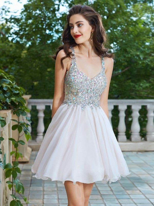 A-shaped elegant princess rhinestone shoulder strap sleeveless short mini party chiffon dress