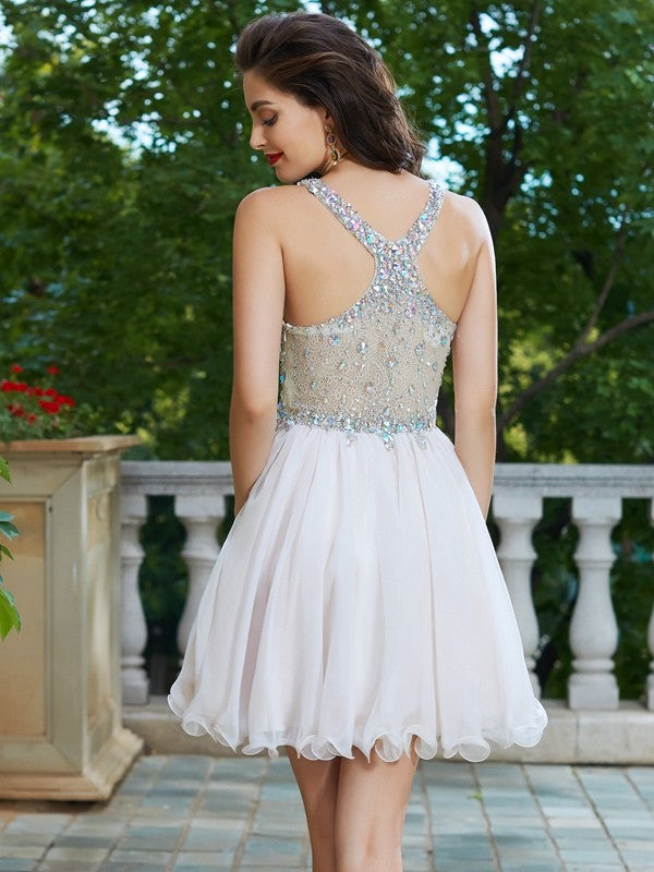 A-shaped elegant princess rhinestone shoulder strap sleeveless short mini party chiffon dress