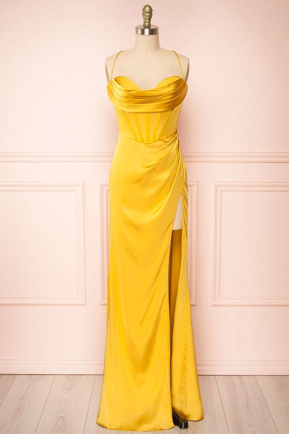 Yellow Cowl Neck Lace-Up Back Long Formal Prom Dress with Slit