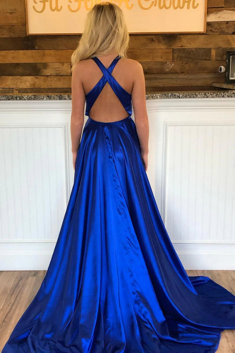 Simple V Neck Blue Satin Long Prom Dress Blue Formal Evening Dress