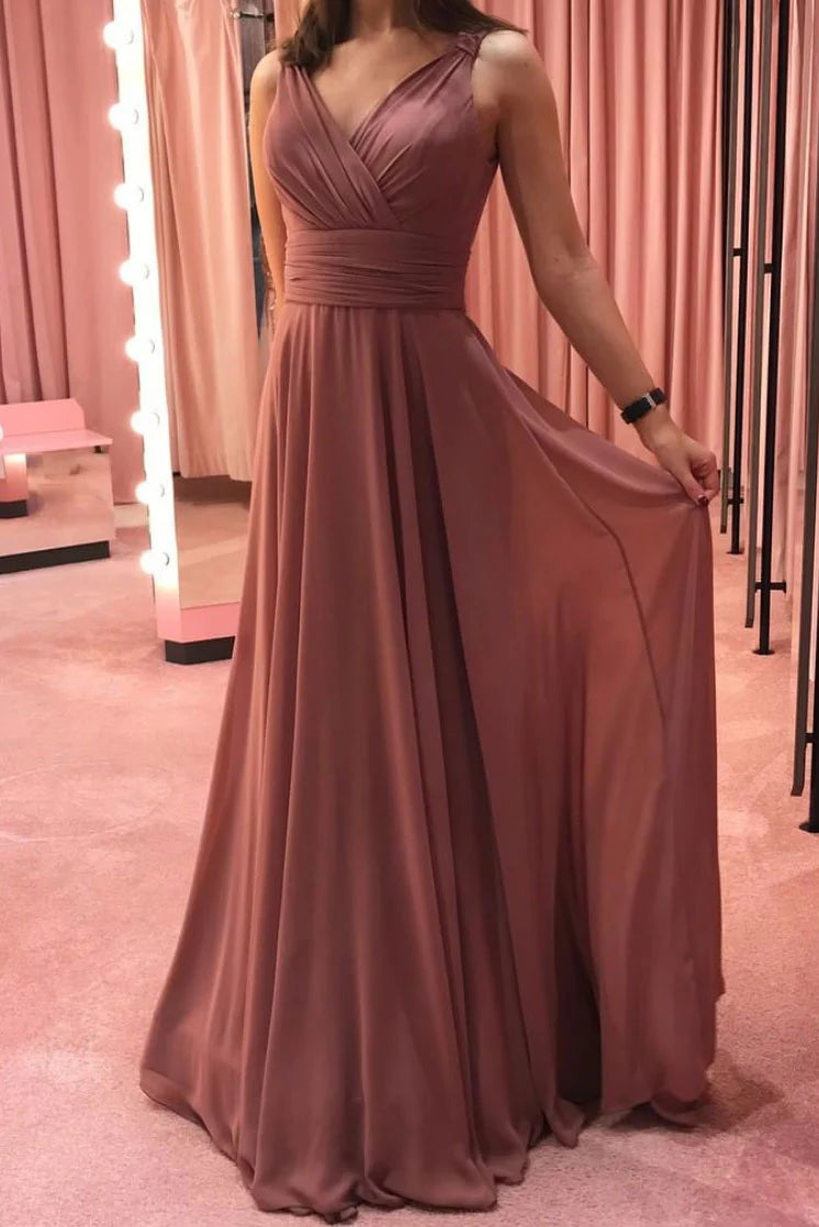 Simple V Neck Chiffon Long Prom Dress Chiffon Formal Evening Dresses