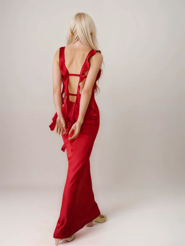 Sexy Ruffled Straps Tie Back Pleated Bodice Sheath Silky Satin Evening Dress