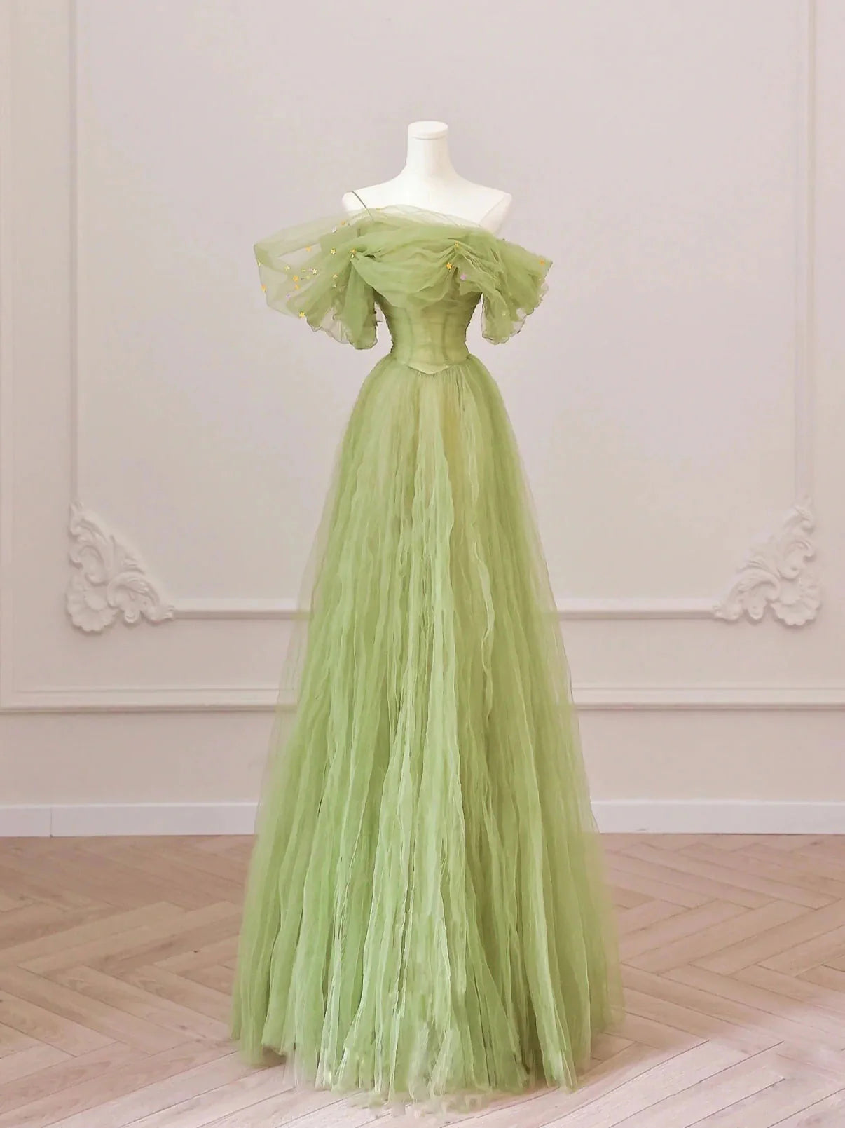 Green A Line Tulle Long Prom Dress Simple Green Formal Evening Dress
