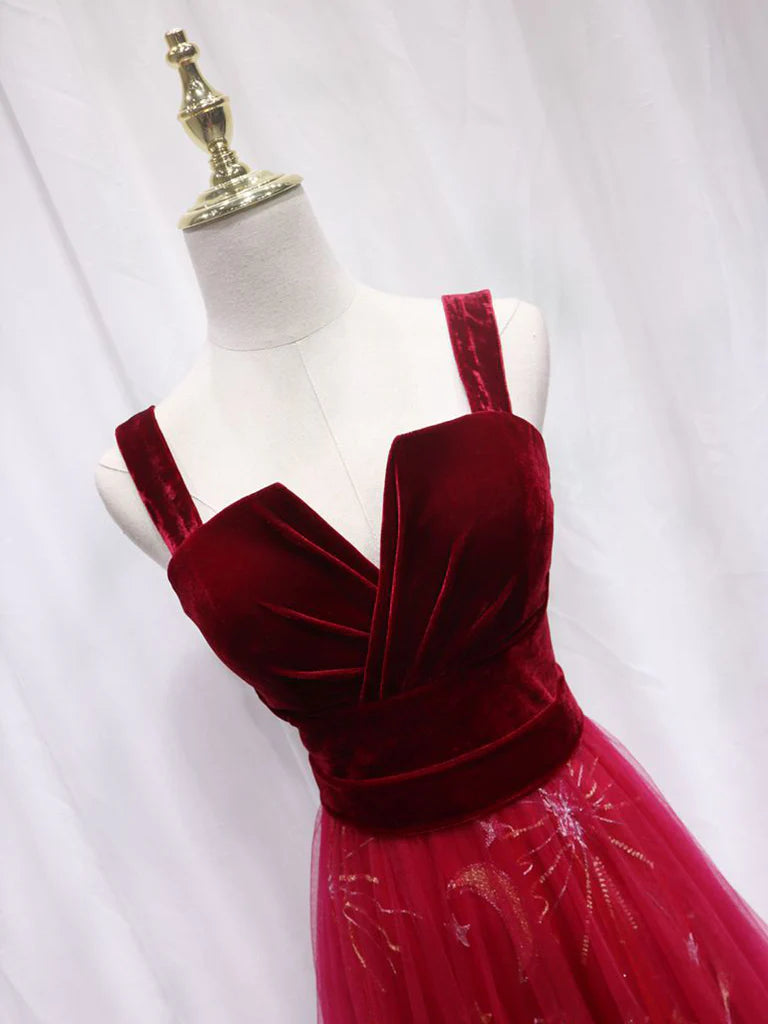 A-Line Burgundy Tulle Lace Long Evening Dress Burgundy Long Evening Dress