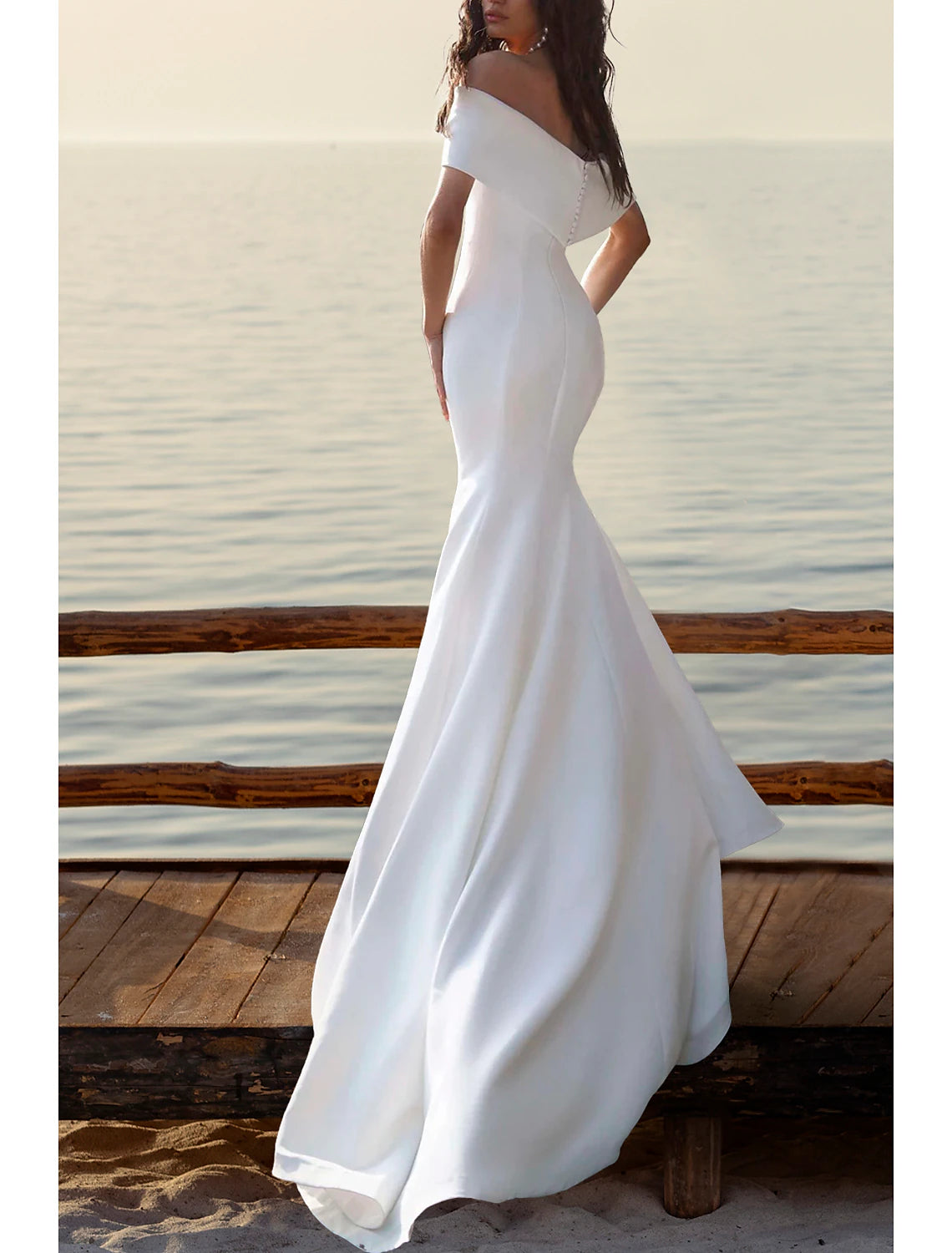 Wedding Dresses Mermaid Trumpet Off Shoulder Cap Sleeve Court Train Satin Bridal Gowns With