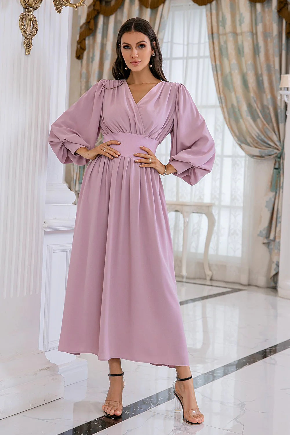 OKBBN Unique Design Long Sleeve V-neck Bridal Mother Dress
